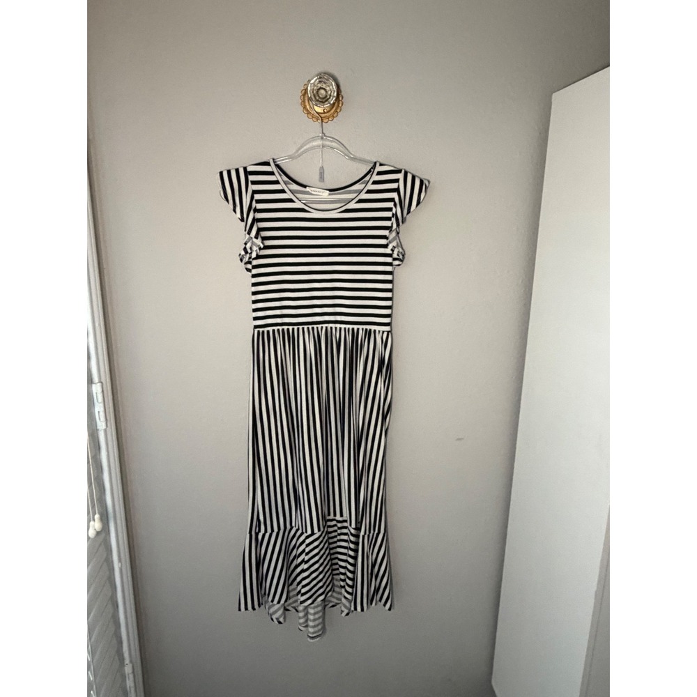 Reborn J Striped Flutter Sleeve High Low Ruffle Hem Midi Dress Black White Small
